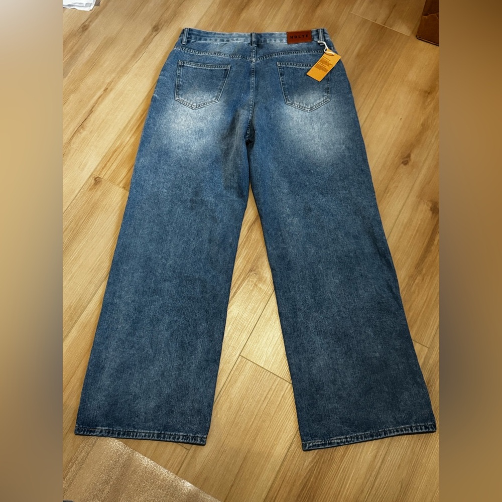 HDLTE Wide Leg Blue Jeans NWT Size L High Rise Straight Denim - Picture 9 of 12